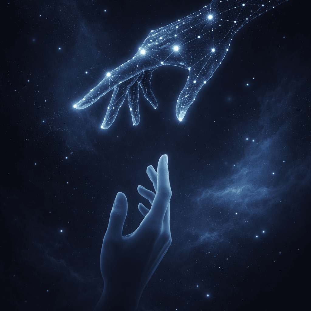 Celestial hand reaching down to human hand
